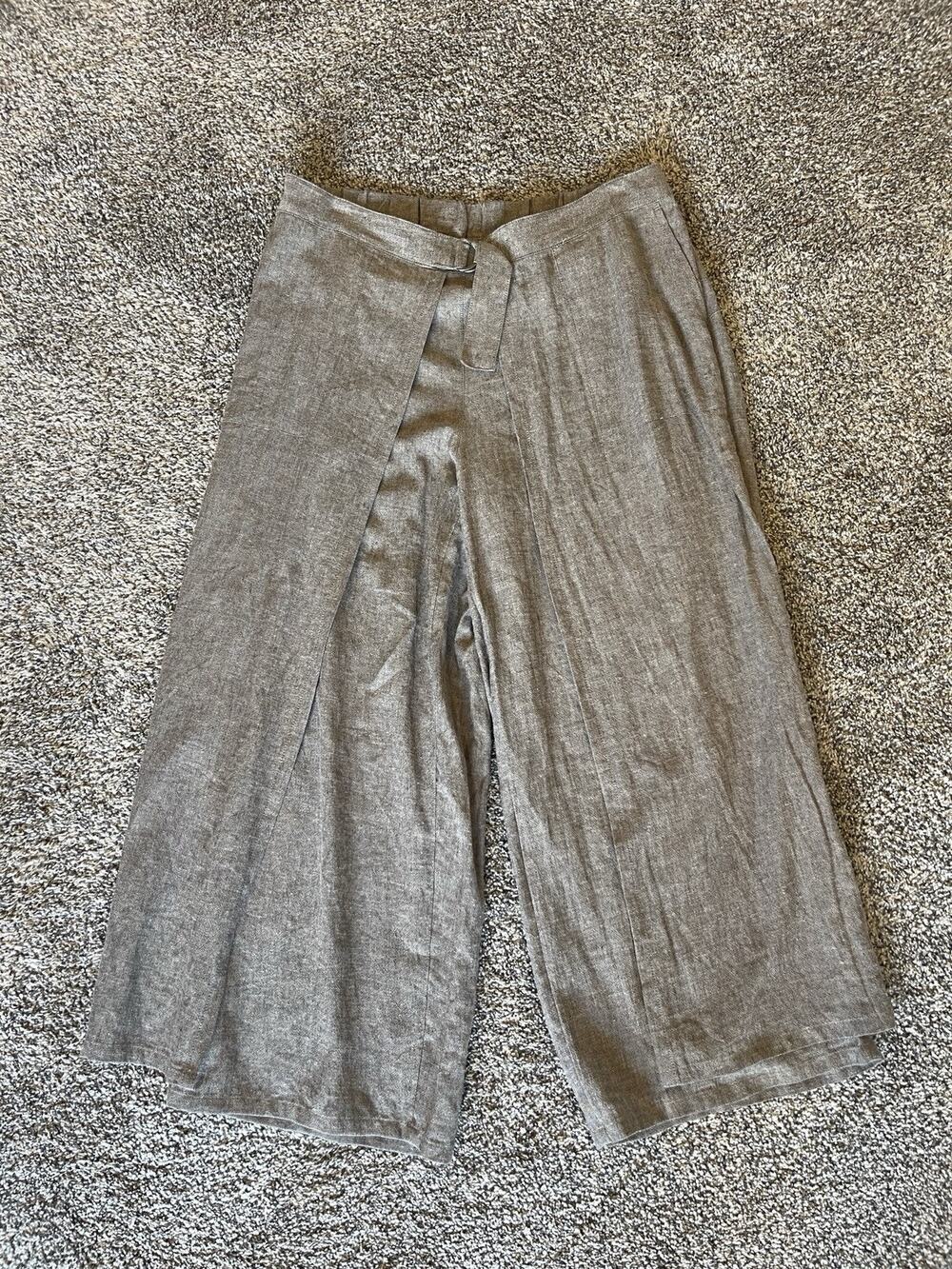 Pure Jill Women’s Medium Linen Blend Wide Leg Cropped Pants Brown/Gray Elastic